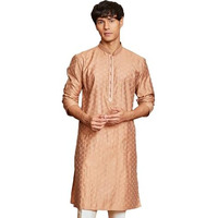 VASTRAMAY Men's Jacquard Kurta with Embroidered Collar  Elegant Ethnic Wear for Weddings & Festive Occasions Peach