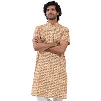 VASTRAMAY Mens Hare Krishna Hare Ram Short-Sleeve Kurta  Lightweight & Spiritual Ethnic Wear for Pujas, Festivals, and Shivratri Gold
