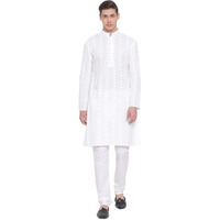 VASTRAMAY Men's Pure Cotton Lucknowi Chikankari Kurta Pyjama Set, Elegant Ethnic Wear for Republic Day, Weddings, and Festive Occasions