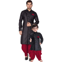 VASTRAMAY Baap Beta Cotton Blend Black and Maroon Indo Angrakha Style Sherwani Set for Father and Son - Perfect Ethnic Ensemble with Cowl Style Patiala Dhoti Pant