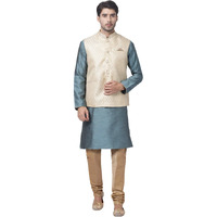 VASTRAMAY Men's Aqua Cotton Silk Blend Kurta, Ethnic Jacket and Pyjama Set_VASMJ005CRnMK047AQnPRG_40
