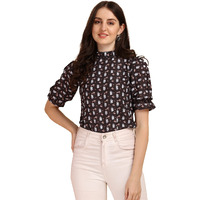 Wedani Women's Casual Puff Sleeves Ruffled Collor Foral Top (Large, Black-2)