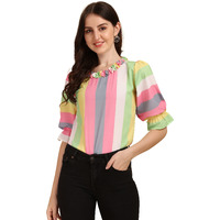 Wedani Women's Casual Puff Sleeves Ruffled Collor Strip Top (Small, Pink)
