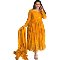 Women Floral Print Anarkali Kurta With Pant and Dupatta (Medium) (XL, Ligth Pink) (XL, Yellow)