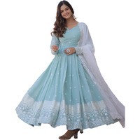 Wedani Faux Georgette Embroidered Anarkali Kurta Set For Women (IN, Alpha, XL, Regular, SKY BLUE)