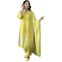 Wedani Muslin Floral Printed with Lace Border Kurta Pant Set with Dupatta for Women