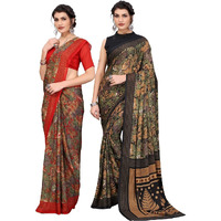 Yashika Womens Georgette Saree With Blouse Piece(KUMUD BLACK-KUMUD RED_Pack Of-2)