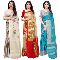 Yashika Women's Combo Art Silk Saree With Blouse Piece - Pack Of 3(PUDINA GREY-RAJARANI CHICKU-NAURTA BLUE)