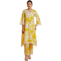 Yashika Floral Regular Printed Cotton Blend Straight Kurta Pant Set with Lace-Comfortable Ethnic Wear Women, Elegant Design, Suitable for Various Occasions (AZ-YS-OG-KS2118-Parent_Yellow