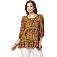 ANNI DESIGNER Women's Tunics Tops Rayon Viscose Printed Short Top for Women (Silvi Yellow_XXL_Yellow_XX-Large)