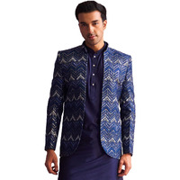 VASTRAMAY Men's Blue Silk Blend Jodhpuri | Cheveron Embroidered And Sequins Embellished Front Open Jodhpuri