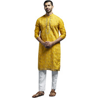 VASTRAMAY Men's Yellow Chanderi Kurta And Pyjama Set - Chanderi Embroidered Sequined Kurta And Pyjama Set