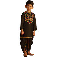 VASTRAMAY Boys' Black Viscose Kutch Embroidered Kurta and Dhoti Set, Navratri Special Ethnic Wear, Full Sleeve Mandarin Collar