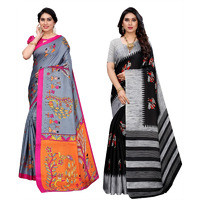Yashika Women's Combo Art Silk Printed Saree With Blouse Piece Pack Of 2(DANDIYA GREY-NAURTA BLACK)