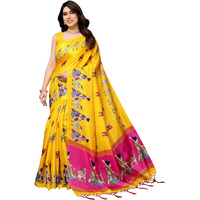 Yashika Women's Printed Kalamkari Art Silk Saree With Tassels and Unstitched Blouse Material (AZ-YS-P1-CHAITHALI YELLOW JHALAR)
