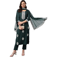 ANNI DESIGNER Women's Cotton Blend Straight Embroidered Kurta with Pant & Dupatta (Tistha Green_L_Green_Large)