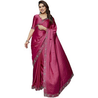 Yashika Women's Bollywood Satin Moss With Swarovski Stone Saree with Blouse |saree for Women | Silk Saree | New Sari | Latest Saree (AZ-YS-P1-NAGMA PINK)