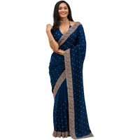 Yashika Women Vichitra Silk Saree with Embroidered Border with Unstitched Blouse Piece | Latest Sarees Bollywood Sari | New Sarees | Saree Blouse| Designer Saree (AZ-YS-OG-LADYQUEEN BLUE)