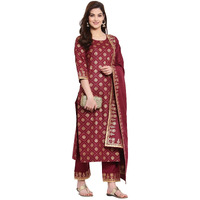 ANNI DESIGNER Women's Straight Cotton Kurta with Palazzo & Dupatta (KPZD-COT-10001-NEW-WINE_XL_Wine_X-Large)