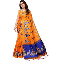 Yashika Women's Printed Kalamkari Art Silk Saree With Tassels and Unstitched Blouse Material (AZ-YS-P1-CHAITHALI ORANGE JHALAR)