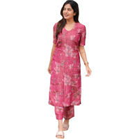 ANNI DESIGNER Women's Rayon Viscose Straight Printed Kurta with Pant (Tisur Pink_S_Pink_Small)