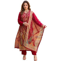 ANNI DESIGNER Women's Rayon Viscose Straight Printed Kurta with Pant & Dupatta (SETUL RED_M_Red_Medium)