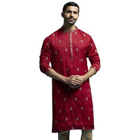 VASTRAMAY Men's Maroon Silk Blend Kurta | Silk Blend Embroidered KurtaFor Men.