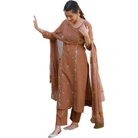 ANNI DESIGNER Women's Rayon Viscose Embroidered Straight Kurta with Pant & Dupatta (KINTU Coffee_S_Brown_Small)