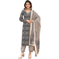 ANNI DESIGNER Women's Cotton Blend Straight Printed Kurta with Pant & Dupatta (Nihira Cream-N3W_L_Black_Large)