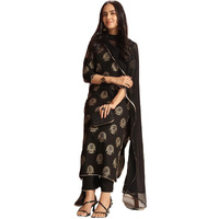 ANNI DESIGNER Women's Rayon Blend Printed Straight Kurta with Pant & Dupatta (Jubal Black_S_Black_Small)