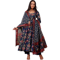 ANNI DESIGNER Women's Rayon Viscose Anarkali Printed Kurta with Pant & Dupatta (MINARI Blue_S_Blue_Small)