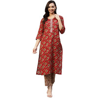 ANNI DESIGNER Women's Cotton Blend Printed Straight Kurta with Pant (Duran Red-NwFB08_S_Red_Small)