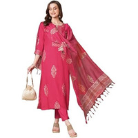 ANNI DESIGNER Women's Rayon Blend Printed Straight Kurta with Pant & Dupatta (MANGAI PINK-VKS02_S_Pink_Small)
