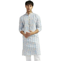 VASTRAMAY Men's Cotton Kurta for Men I All Over Embroidered and Schiffily Knee Length Straight Regula Kurta I Casual Party Festive Wedding Dressing Style_VASMK365AQ_38 Aqua
