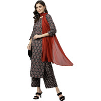 ANNI DESIGNER Women's Cotton Blend Straight Printed Kurta with Palazzo & Dupatta (Anky Brown_L_Brown_Large)