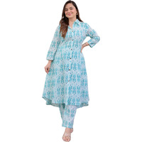 ANNI DESIGNER Women's Cotton Blend Anarkali Printed Kurta with Pant (DIPU Sky_S_Sky Blue_Small)