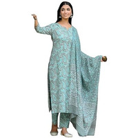 ANNI DESIGNER Women's Rayon Blend Straight Printed Kurta with Pant & Dupatta (KARWAAN Grey_M_Grey_Medium)