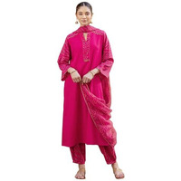 ANNI DESIGNER Women's Rayon Viscose Straight Bandhej Printed Kurta with Pant & Dupatta (KRIVA Pink_L_Pink_Large)