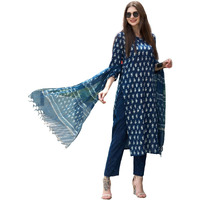 ANNI DESIGNER Women's Cotton Blend Straight Printed Kurta with Pant & Dupatta (Thaka Blue_XL_Blue_X-Large)