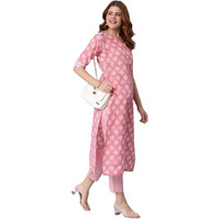 ANNI DESIGNER Women's Cotton Blend Printed Straight Kurta with Pant (Funnu Pink_S_Pink_Small)