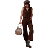 ANNI DESIGNER Women's Rayon Viscose Short Solid Waist-Coat with Trouser Set (FAZLUNA Brown_M_Brown_Medium)