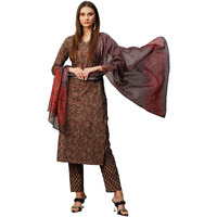ANNI DESIGNER Women's Cotton Blend Straight Printed Kurta with Pant & Dupatta (Mana Brown-NW_S_Brown_Small)