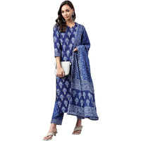 ANNI DESIGNER Women's Cotton Blend Floral Straight Kurta with Pant & Dupatta (Bulgeriya Blue-NW X-Large)