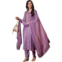 ANNI DESIGNER Women's Rayon Blend Printed Straight Kurta with Pant & Dupatta (Toxic Purple_XL_Purple_X-Large)