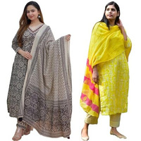 ANNI DESIGNER Women's Cotton Blend Printed Straight Kurta with Pant & Dupatta Pack of 2 (Combo-Nihira Cream-BAGRU-Yellow_XXL_Multi_XX-Large)