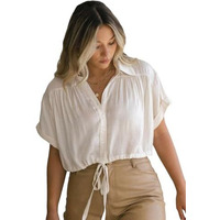 ANNI DESIGNER Women's Short Sleeve Shirt Vintage V-Neck Cotton Blend Solid Regular Buttons Top (LILO White_M_White_Medium)