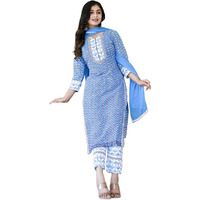 ANNI DESIGNER Women's Cotton Blend Printed Straight Kurta with Pant & Dupatta (Sky Bird-Blue-CM_M_Blue_Medium)