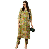 ANNI DESIGNER Women's Cotton Blend Straight Printed Kurta with Pant (ING 10 Green-NW_S_Green_Small)