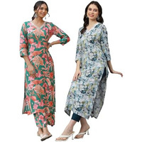 ANNI DESIGNER Women's Cotton Blend Printed Straight Kurta with Pant Pack of 2 (Chinki Green-SouthZ Blue_L_Multi_Large)