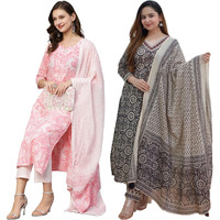 ANNI DESIGNER Women's Cotton Blend Printed Straight Kurta with Pant & Dupatta Pack of 2 (Combo-Prem Pink-Nihira Cream_Multicolor_Small)
